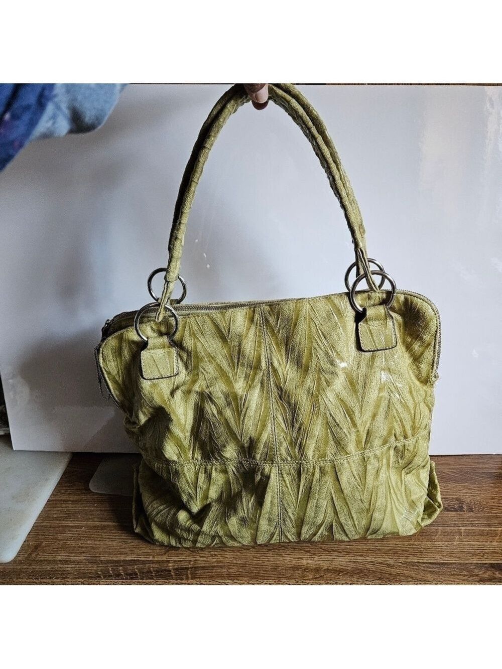 Vintage 90s Chocolate New York Green Banana Leaf Textured Satchel Bag